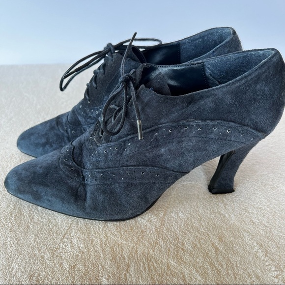 FAIRY CORE BLUE GRAY SUEDE LACE UP OXFORD KITTEN HEELS SIZE 8.5 - Picture 1 of 8